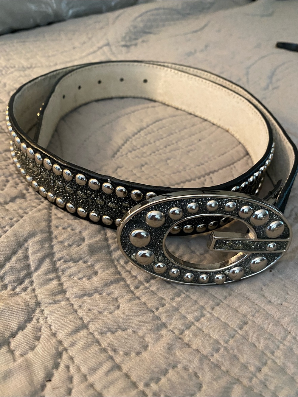 Studded Black Glitter Leather Belt with Decorative Silver Buckle